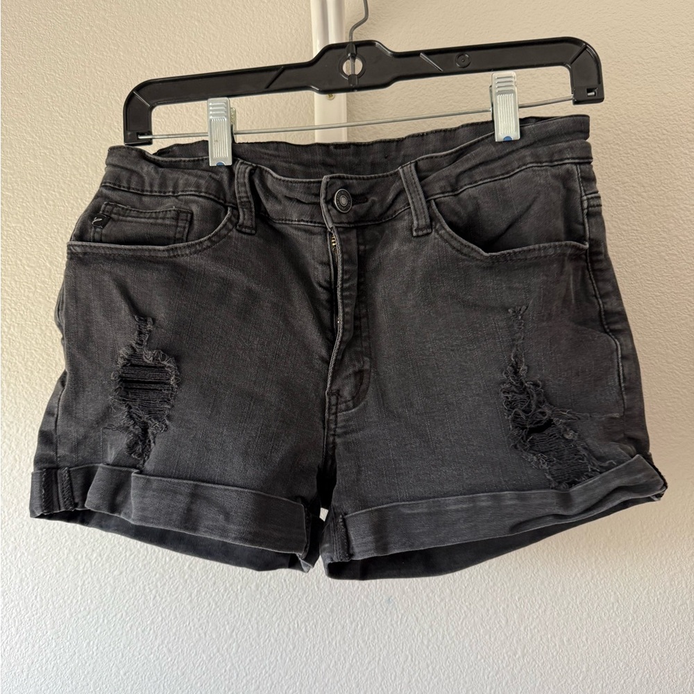 Kancan Women’s Black Distressed Rolled-Hem Denim Shorts